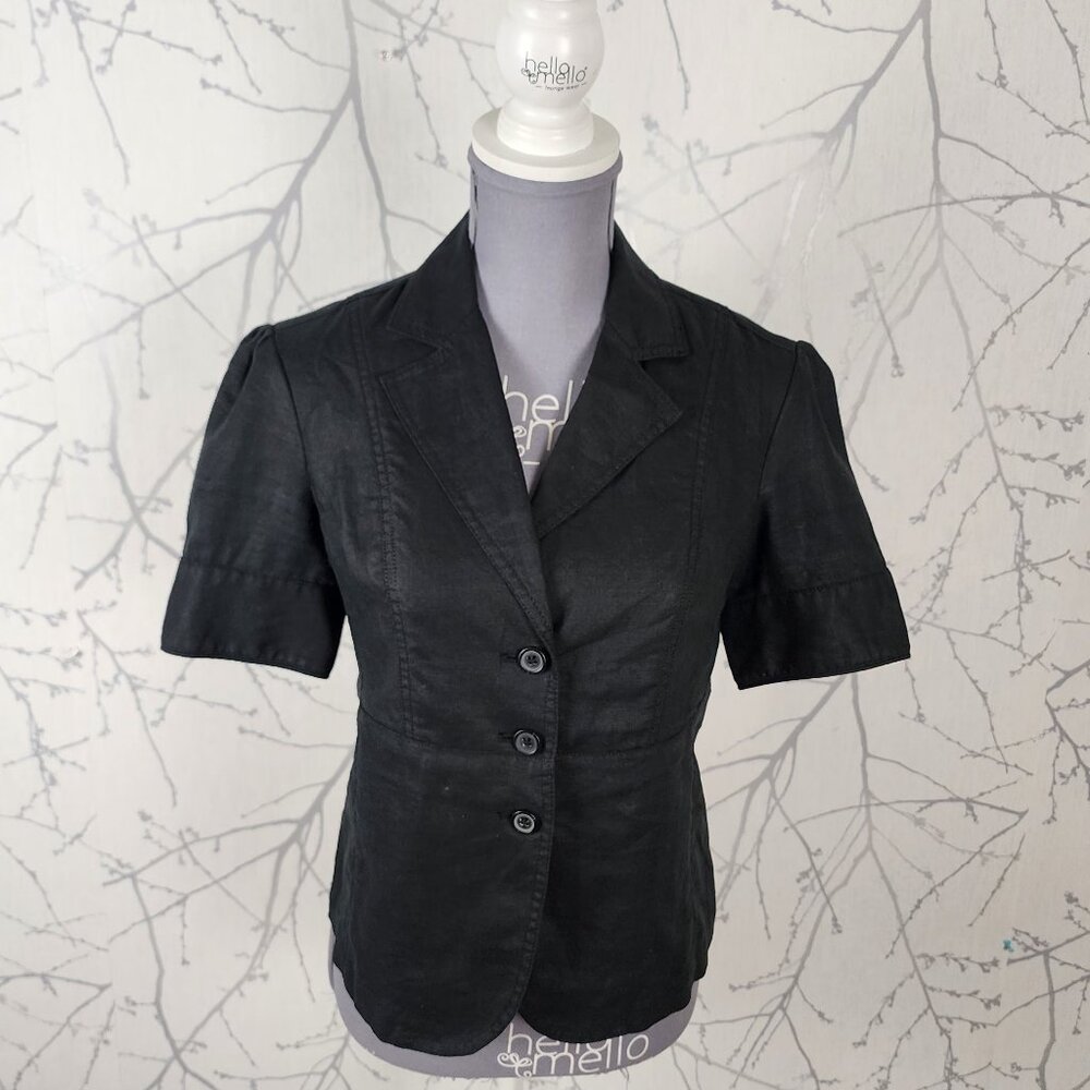 Smart Set Black 100% Linen Button Front Fitted Short Blouse